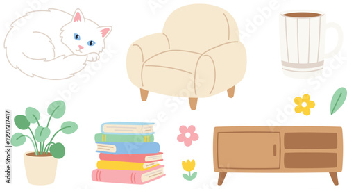 Cozy home interior objects and cute cat vector illustration in flat design for decor.