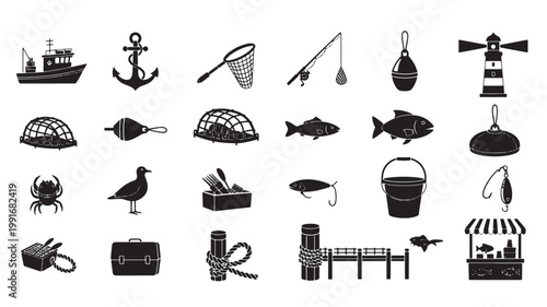 Nautical fishing icons set, black sea industry silhouettes, 24 maritime equipment vector elements, commercial fishery and ocean hobby graphics