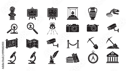 Museum and archaeology icon set, 24 black solid vector symbols, gallery exhibition and historical research elements for educational infographics