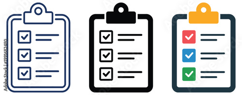 Checklist, icon set with outline and silhouette styles, colorful to do list symbols, task management, checkmark and done icons, vector illustration, productivity planning elements, flat vector graphic