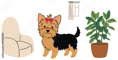 Adorable Yorkshire terrier dog with red bow, armchair, and houseplant vector illustration for pet care.
