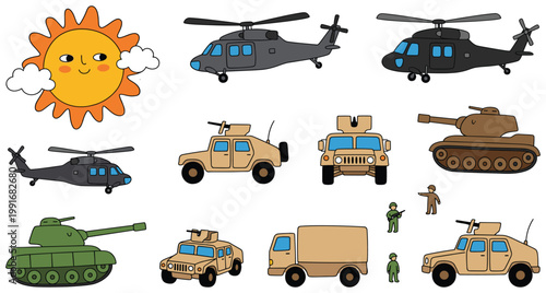 Colorful flat design vector illustration set of military vehicles, equipment, and soldiers with a smiling sun.