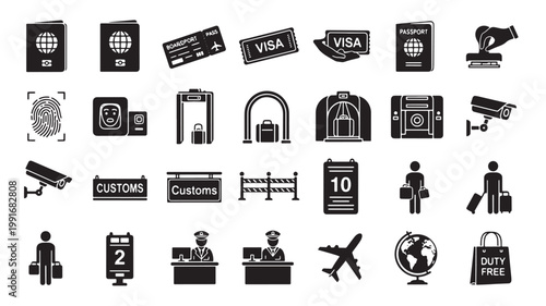 Airport security and customs icons set, 28 black solid vector symbols for travel immigration, passport control and border protection elements