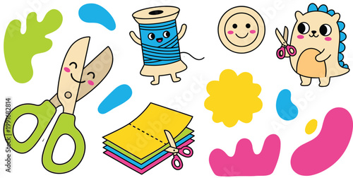 Playful vector illustration set of crafting and DIY elements including scissors, thread, paper, and cute characters.