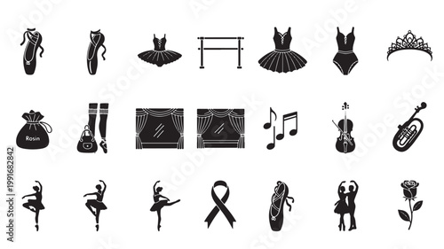 Ballet icon set with 21 black silhouettes, classical dance equipment and ballerina elements, theater performance vector graphics for arts