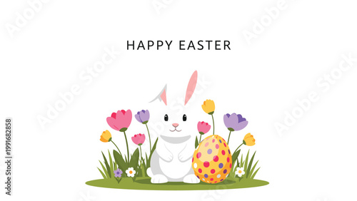 Adorable white easter bunny sitting with a large polka dot egg in a vibrant field of spring tulips and wildflowers.