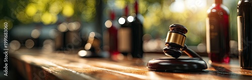 Wooden judge's gavel rests on a table with bottles of wine in the background