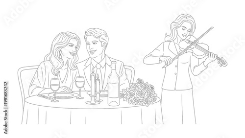 Couple enjoying romantic dinner with violinist.