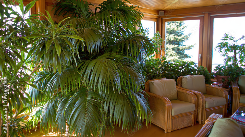 Fototapeta premium Lush indoor jungle living room interior filled with vibrant green plants and comfortable armchairs. Bright natural light creates peaceful tropical