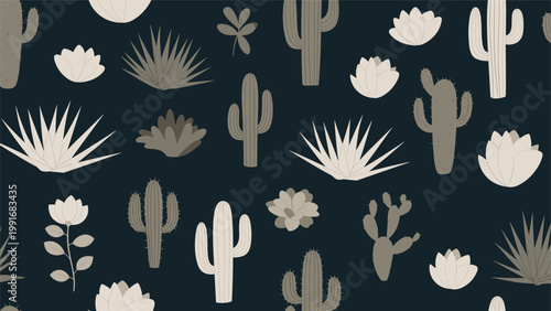 Moody seamless pattern featuring various desert plants cacti and succulents in muted tones on a dark black background.
