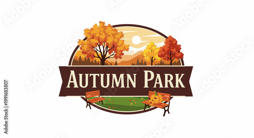 Autumnal park scene with trees, benches, and a pumpkin