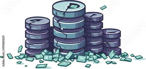 Abstract Modern Icon of Damaged Stacked Coins and Shards Representing Financial Ruin, Debt, or Economic Crisis, Minimalist Vector Illustration