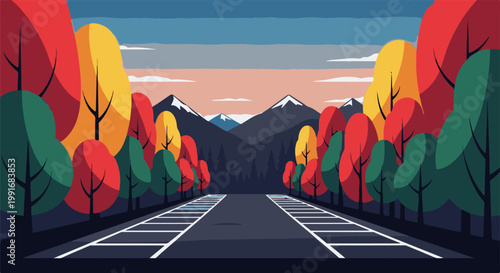 Autumnal trees flank a road leading to distant, snow-capped mountains