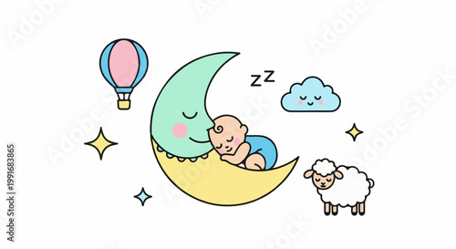 Baby sleeps on moon with sheep, balloon and stars in sky