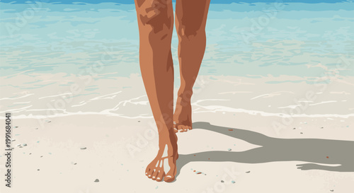 Bare feet walking on a sandy beach next to gentle ocean waves