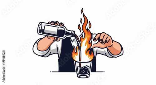 Bartender pouring flaming liquid into a glass with ice