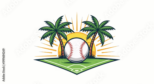 Baseball on tropical field under a sunny sky with palm trees
