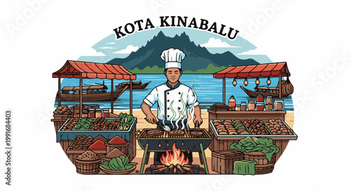 Beachside chef grills food near market stalls, boats, and mountains