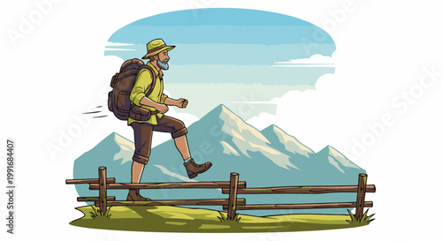 Bearded hiker with backpack walks over a wooden fence in mountains