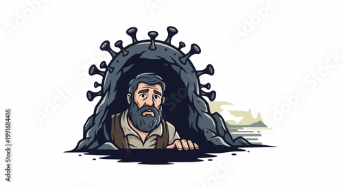 Bearded man emerges from dark cave shaped like a virus particle