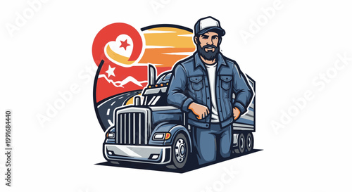 Bearded man in denim jacket and cap next to semi truck on road