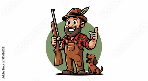 Bearded man in hunting attire with rifle and dog, giving thumbs up