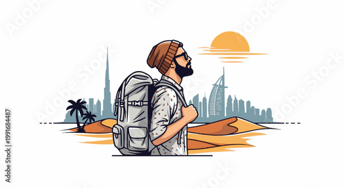 Bearded traveler with backpack surveys desert landscape with city skyline