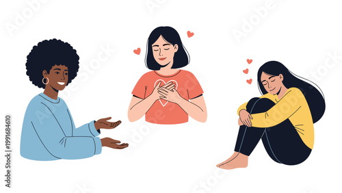 Illustration of three diverse women expressing different emotions including joy, self-reflection, and quiet sadness.