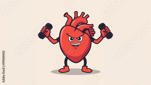 Flat vector graphic of an anthropomorphic heart character with a determined expression, muscles tensed, actively lifting a pair of dumbbells