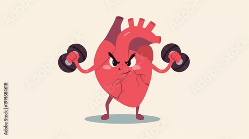 Flat vector graphic of an anthropomorphic heart character with a determined expression, muscles tensed, actively lifting a pair of dumbbells
