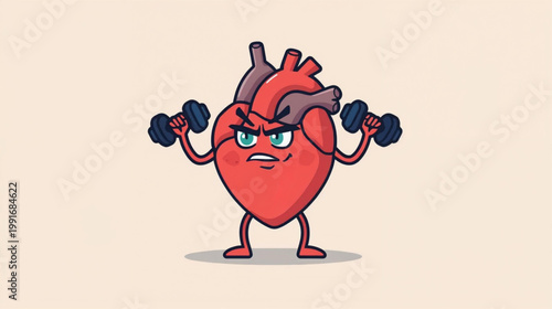 Flat vector graphic of an anthropomorphic heart character with a determined expression, muscles tensed, actively lifting a pair of dumbbells