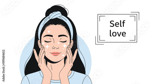 Beautiful woman gently applies skin care cream to her face with closed eyes in a serene moment of self love and personal grooming.