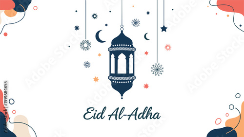 Elegant Eid Al-Adha greeting card features a dark blue mosque lantern hanging among stylized stars and crescent moons on a white background.
