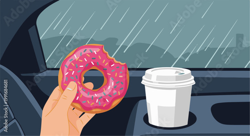 Bitten pink iced donut held with coffee cup in rainy car