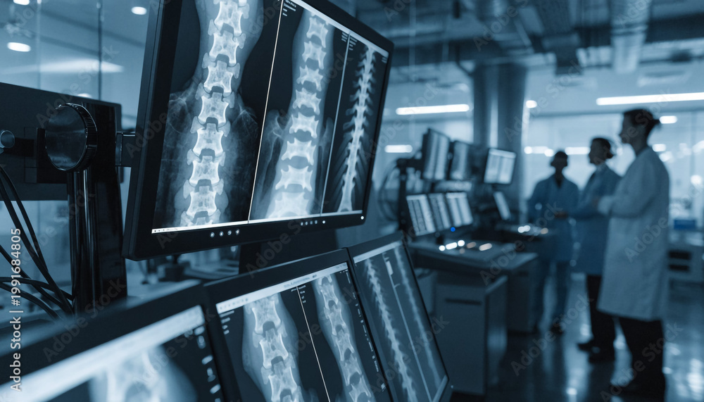 Fototapeta premium Medical Professional Analyzing Spine X-ray Scans on Monitors in Modern Laboratory