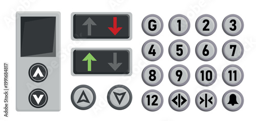 Vector illustration of elevator control panel. Cartoon elements of elevator control panel: red green up and down arrows, different floor buttons, door control, bell isolated on white background.