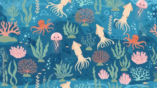 Sea life pattern showcases various ocean creatures like squid, octopus, jellyfish, and coral reefs in soft colors on a deep blue background.