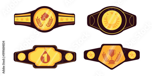Vector illustration of championship belts. Cartoon set of golden winner belts with stars, laurel wreaths, trophy and number one badge, isolated on white background.