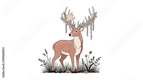Beautiful deer with majestic antlers filled with flowers and vines stands in a meadow of grass and wildflowers in a detailed illustration.