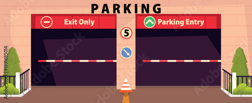 Vector illustration of parking with entry and exit.Cartoon scene of a parking lot for cars with inscriptions: exit only, parking entrance, barriers, traffic cone, direction sign, trees, bushes, fence.