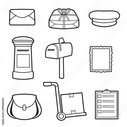 set of postal with outline style good for icon, symbol, element design, coloring book, etc
