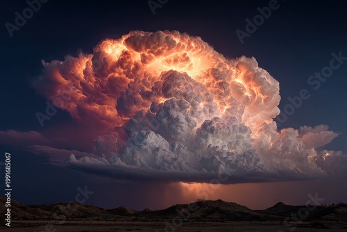 Dramatic thunderstorm cloud illuminated by golden sunset light