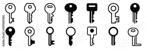 Vintage Key Icon Set with Old Key Silhouettes, Access and Security Symbols Collection, House Key and Password Concept Icons for Lock, Protection, Privacy, and Digital Safety Design