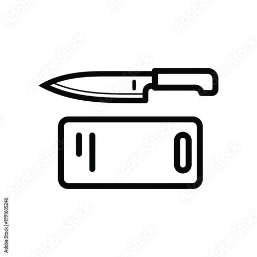 Simple line art icon of professional kitchen knife positioned over rectangular cutting board for home cooking and culinary preparation concepts