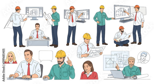 AutoCAD Businessman and Employee Problem Poses Vector Set – Multi View Colored Office People CAD Figures Isolated No Background