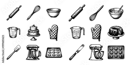 Baking Tools Engraving Illustration Set