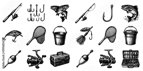 Detailed Fishing Gear Engraving Collection