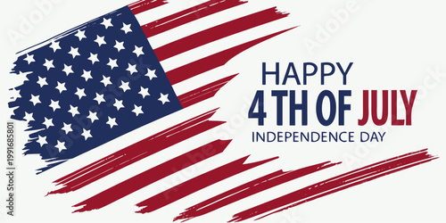Fourth of July banner with waving brush stroke American flag and festive Independence Day greeting vector illustration.