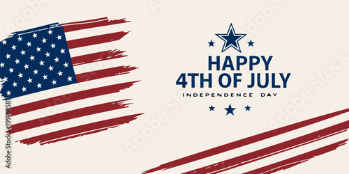 Independence Day banner featuring brush style American flag and Happy Fourth of July message vector illustration.