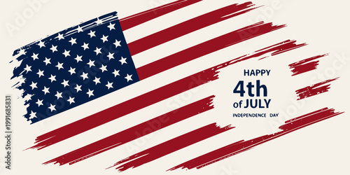 Happy 4th of July banner with American flag brush strokes celebrating United States Independence Day holiday.